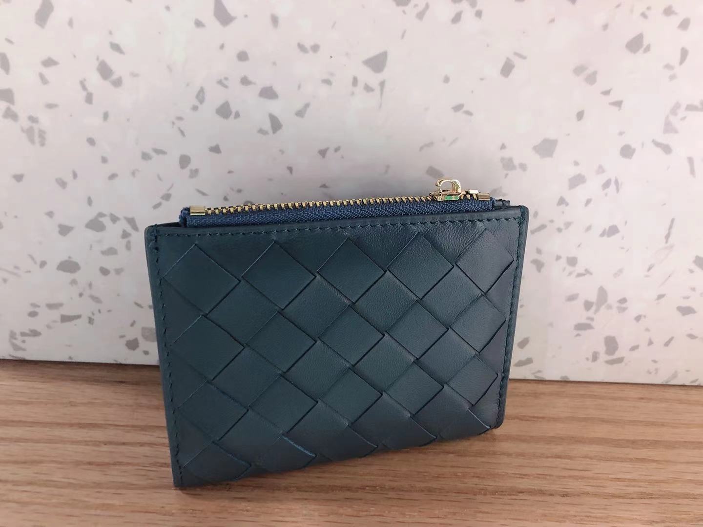 dark blue fanlosn sheepskin woven leather wallet,women,side