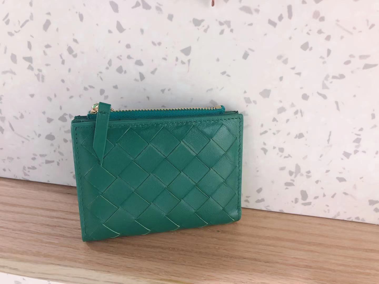 lake green fanlosn sheepskin woven leather wallet,women,side