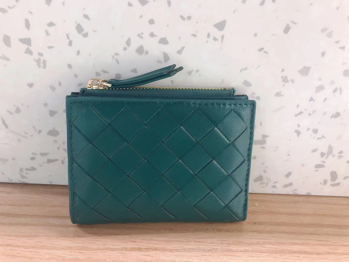 new lake water green fanlosn sheepskin woven leather wallet,women,front