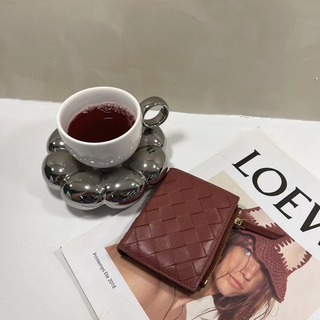 red coffee fanlosn sheepskin woven leather wallet,women,front