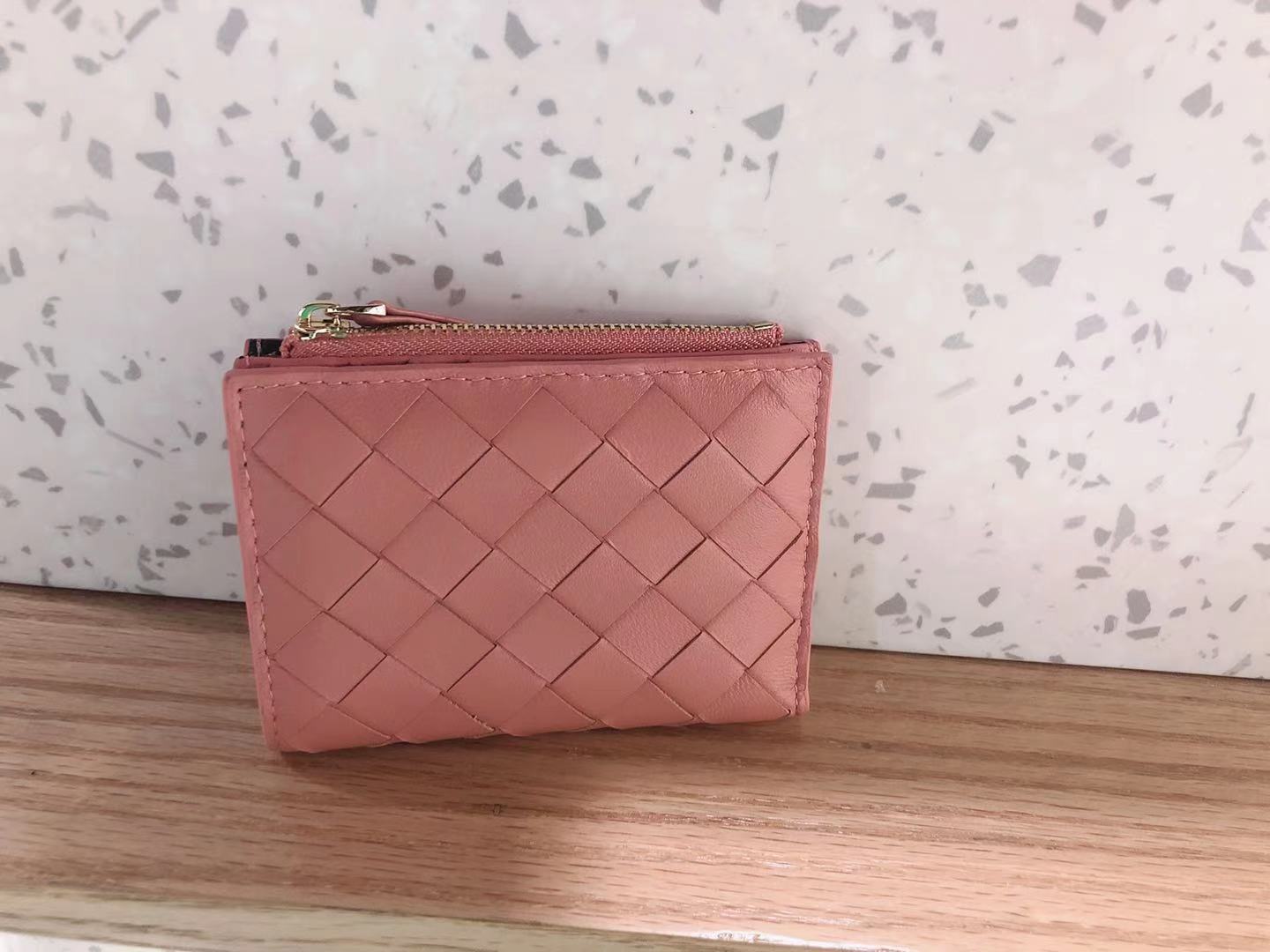 rose pink fanlosn sheepskin woven leather wallet,women,front
