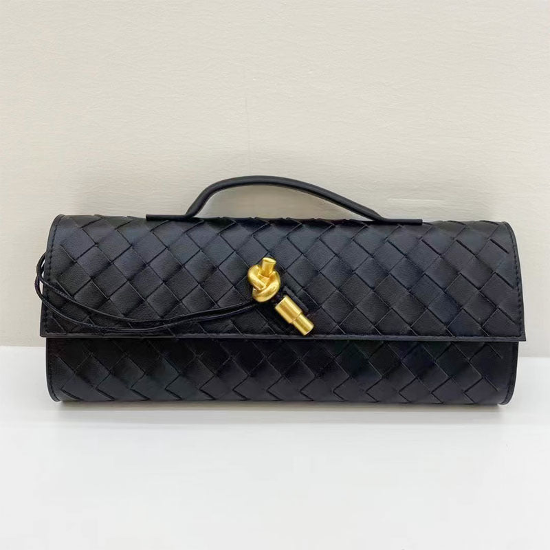black leather woven clutch bag,women,front