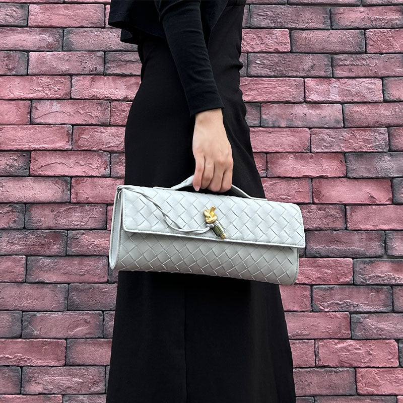 blue leather woven clutch bag,women,front