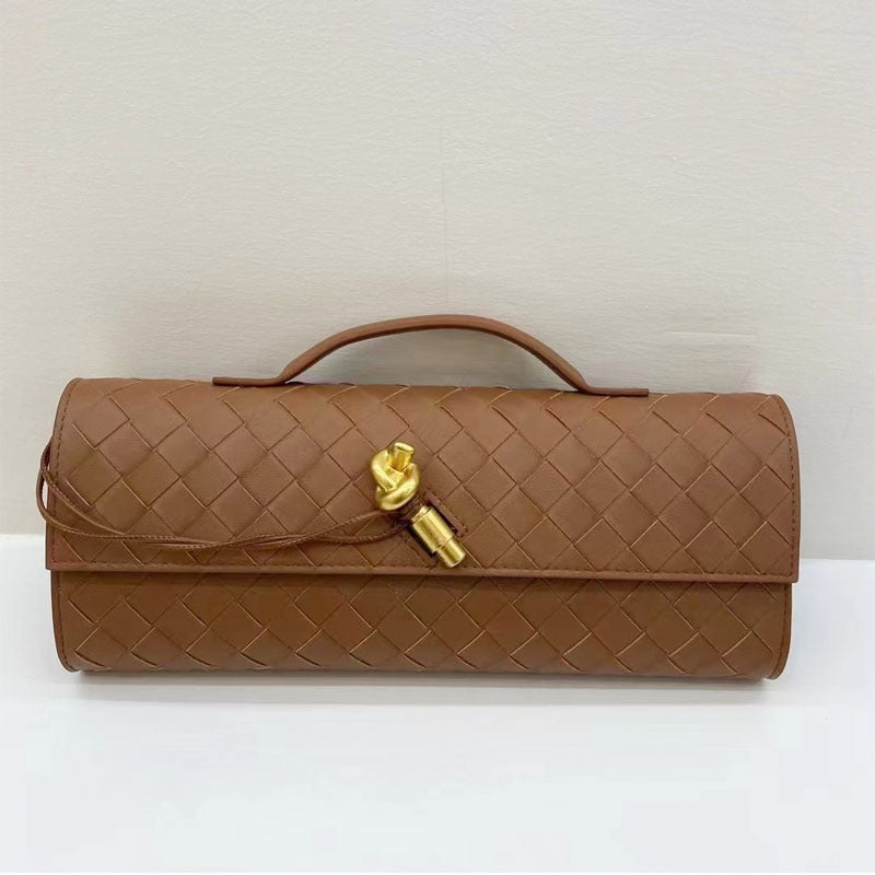 brown leather woven clutch bag,women,front