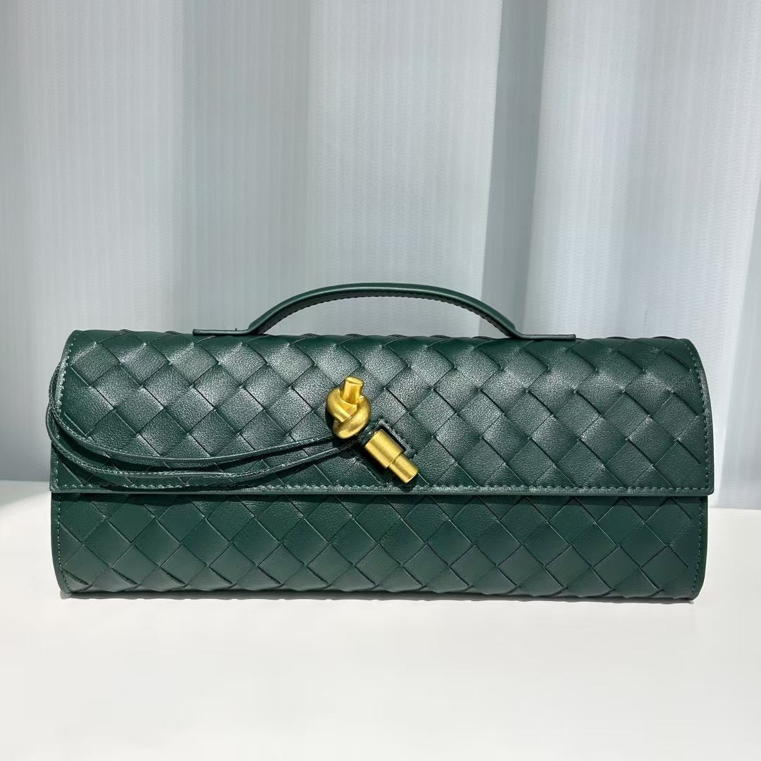 dark green fanlosn leather woven clutch bag,women,front