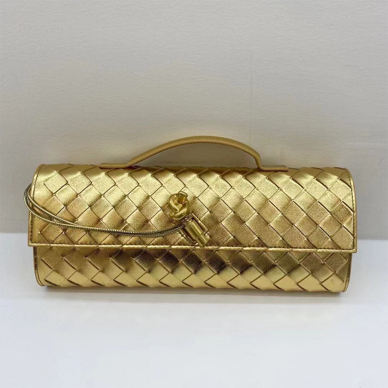 gold leather woven clutch bag,women,front