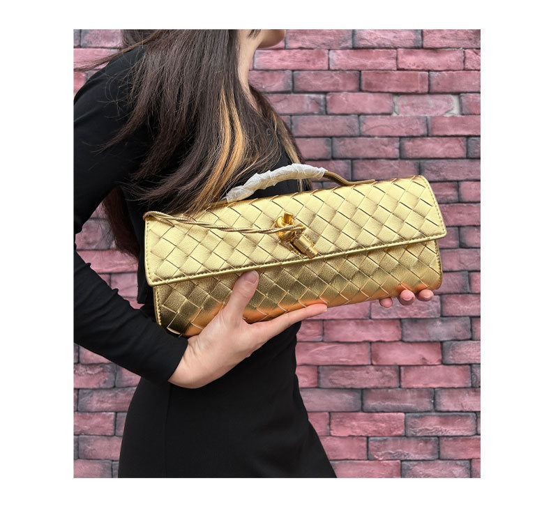 gold leather woven clutch bag,women,model display