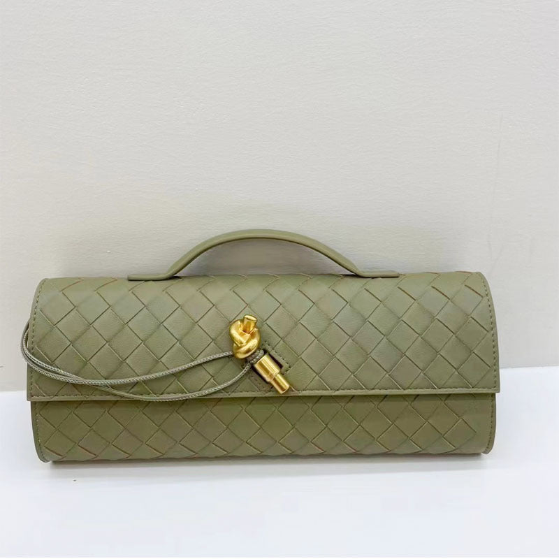 green leather woven clutch bag,women,front