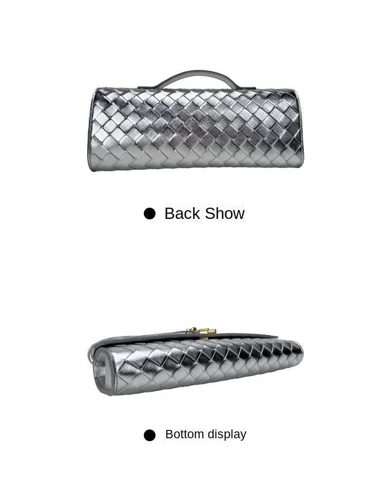 silver leather woven clutch bag,women,back