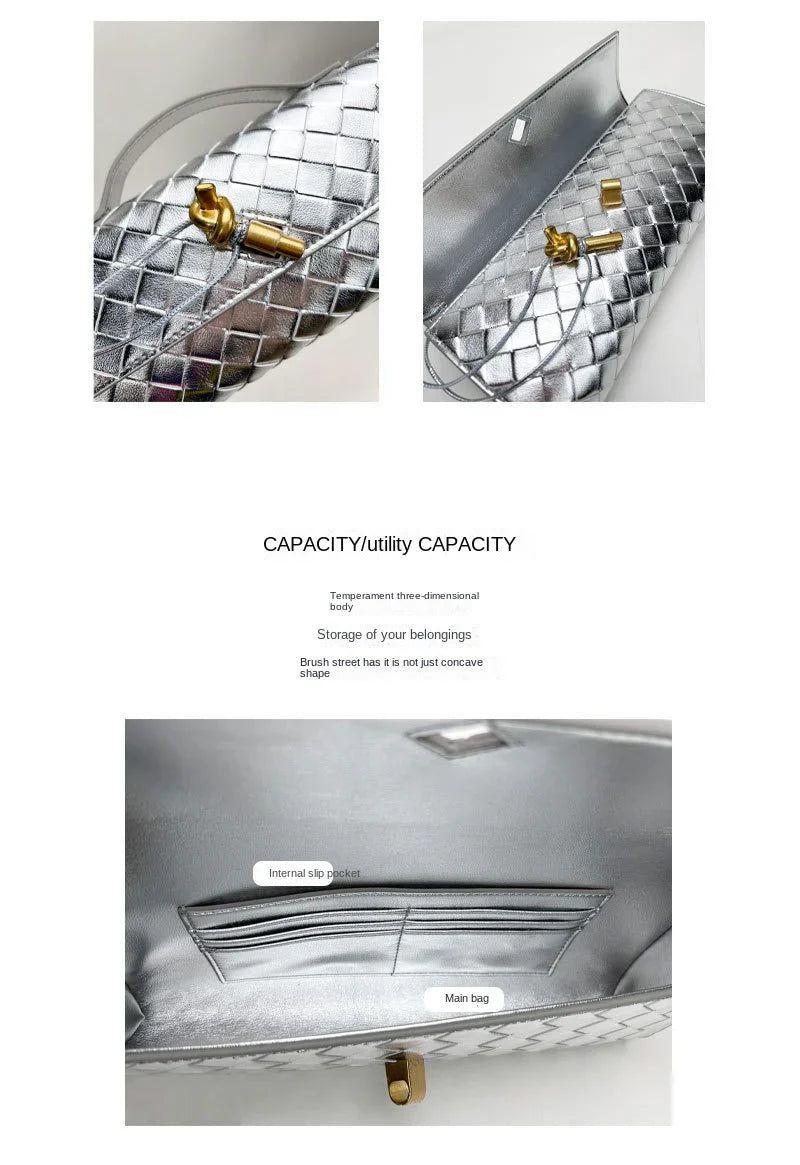 silver leather woven clutch bag,women,detail