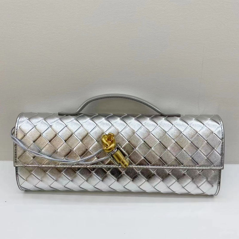 silver leather woven clutch bag,women,front 02