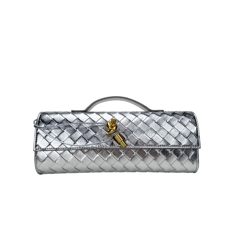 silver leather woven clutch bag,women,front