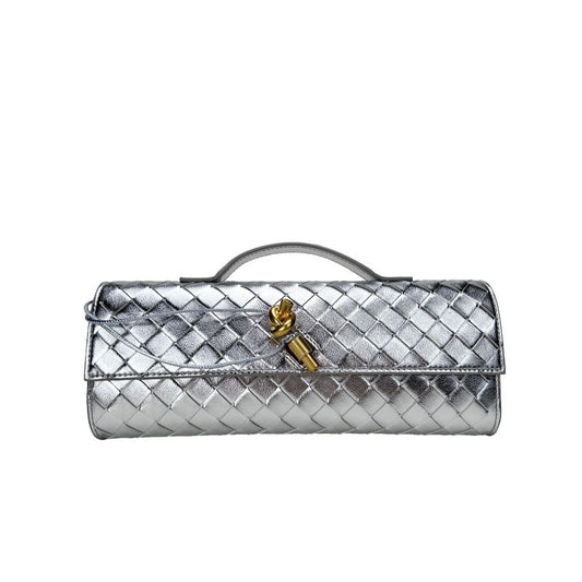 silver leather woven clutch bag,women,front