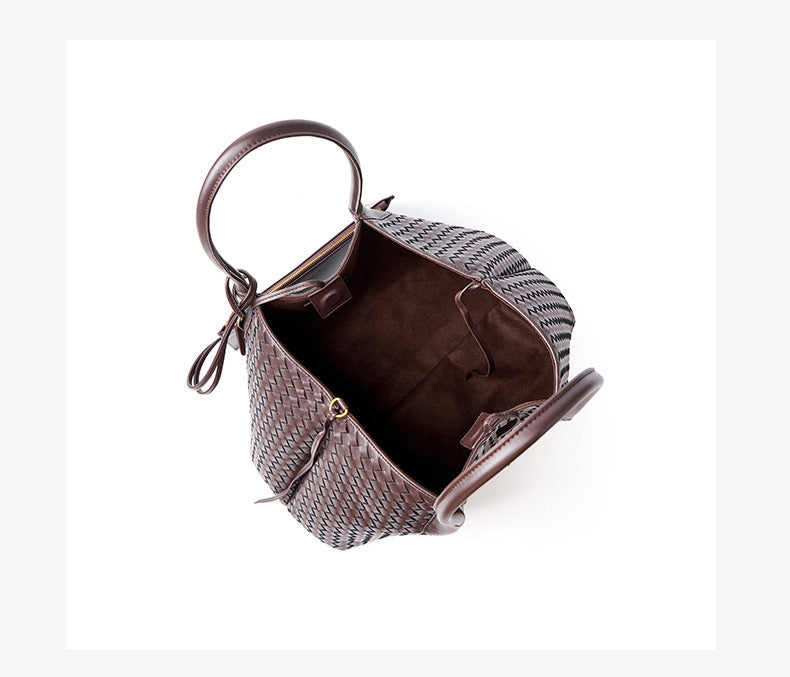 brown big size woven leather tote bag,women,inner
