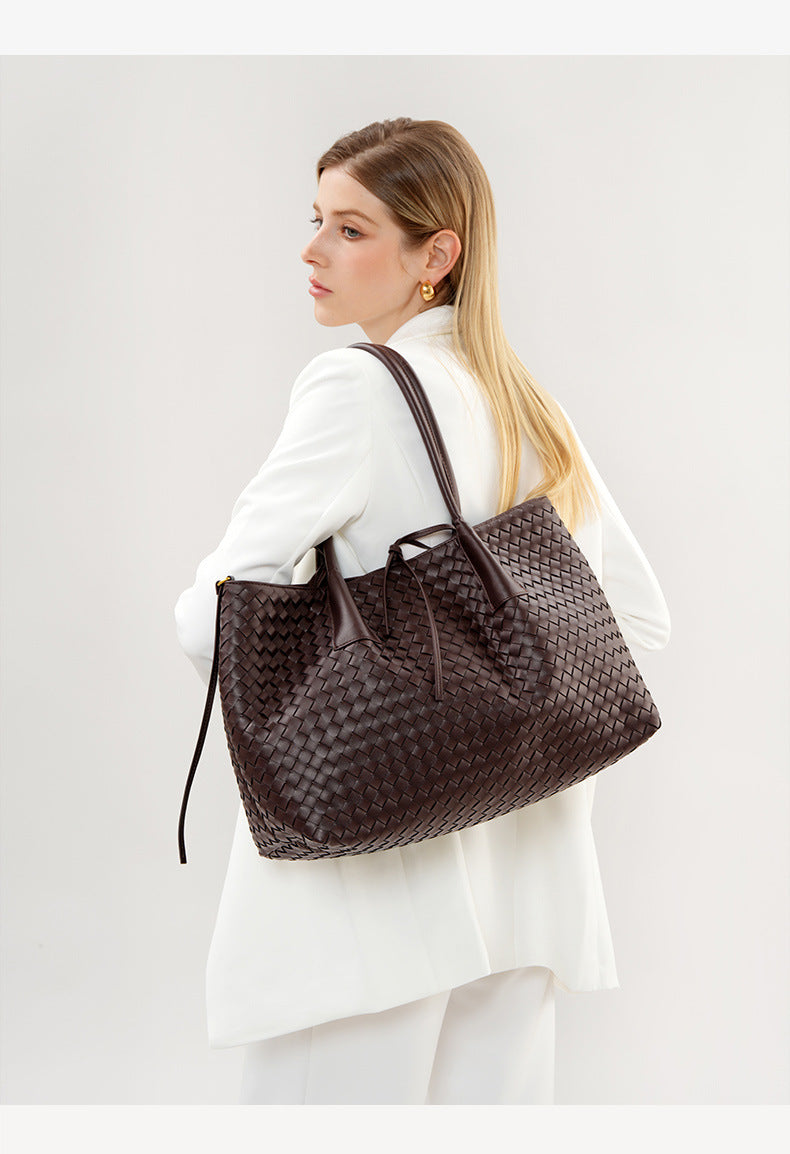 brown big size woven leather tote bag,women,model display
