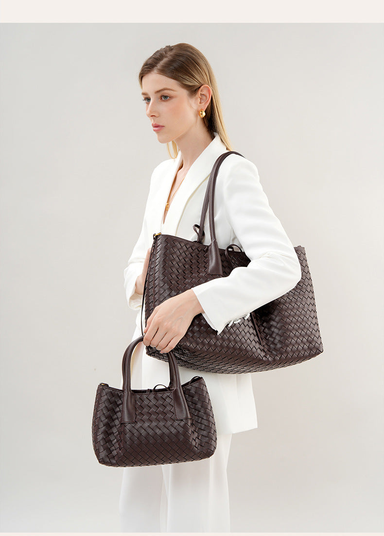 brown small and big size woven leather tote bag,women,model display