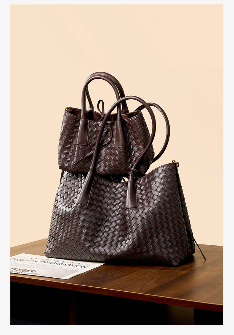 brown small and big size woven leather tote bag,women,front 02