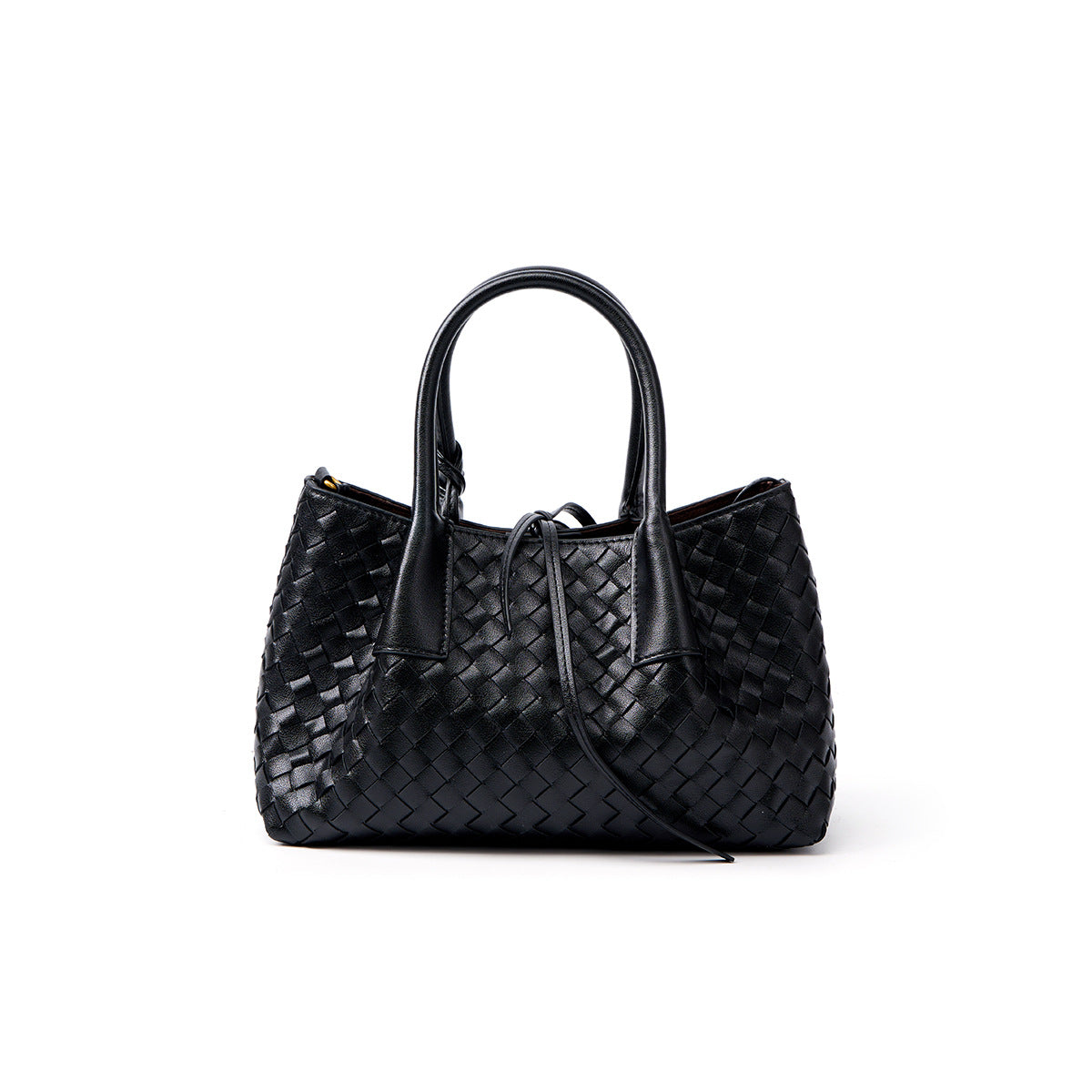black small size woven leather tote bag,women,front 02