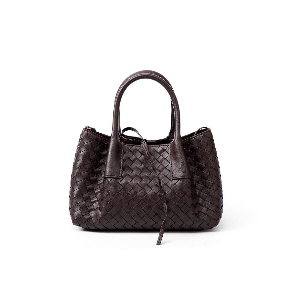 brown small size woven leather tote bag,women,front 02