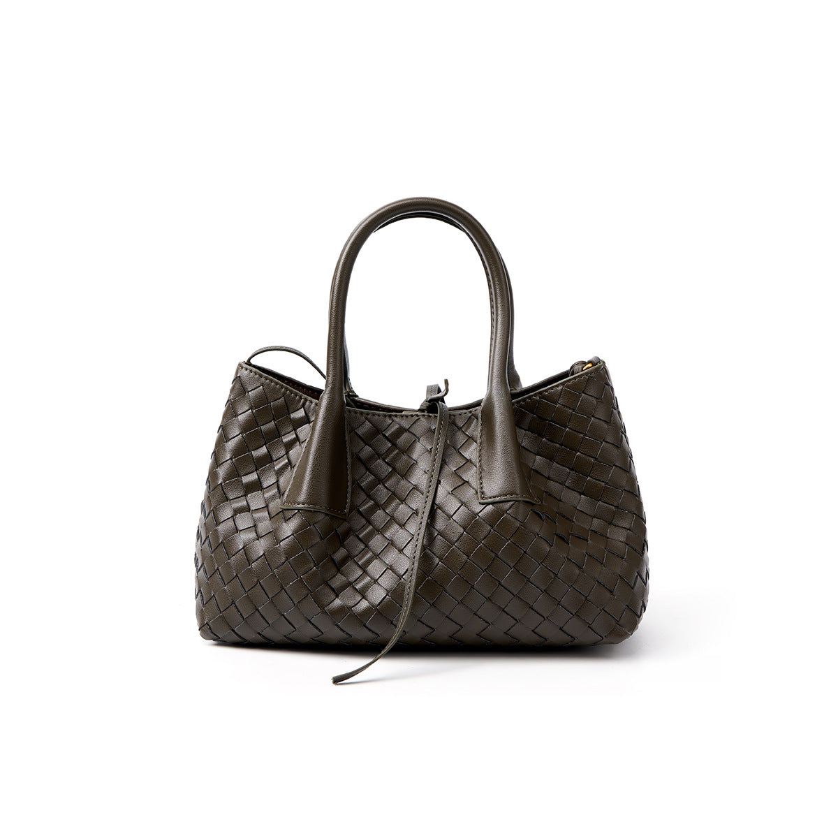 dark green small size woven leather tote bag,women,front