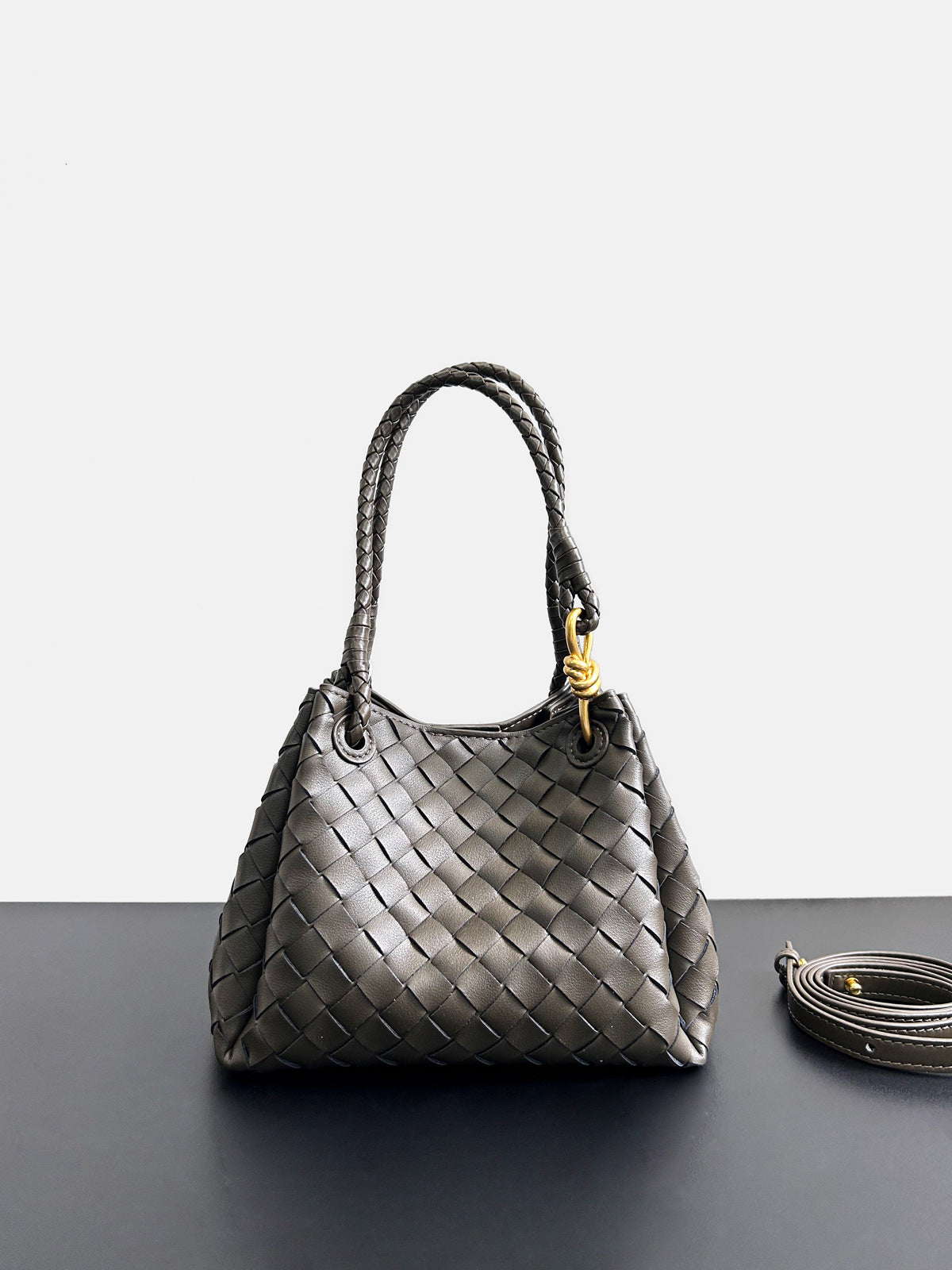 army green leather woven parachute handbag,women,front