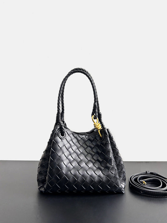 black leather woven parachute handbag,women,front