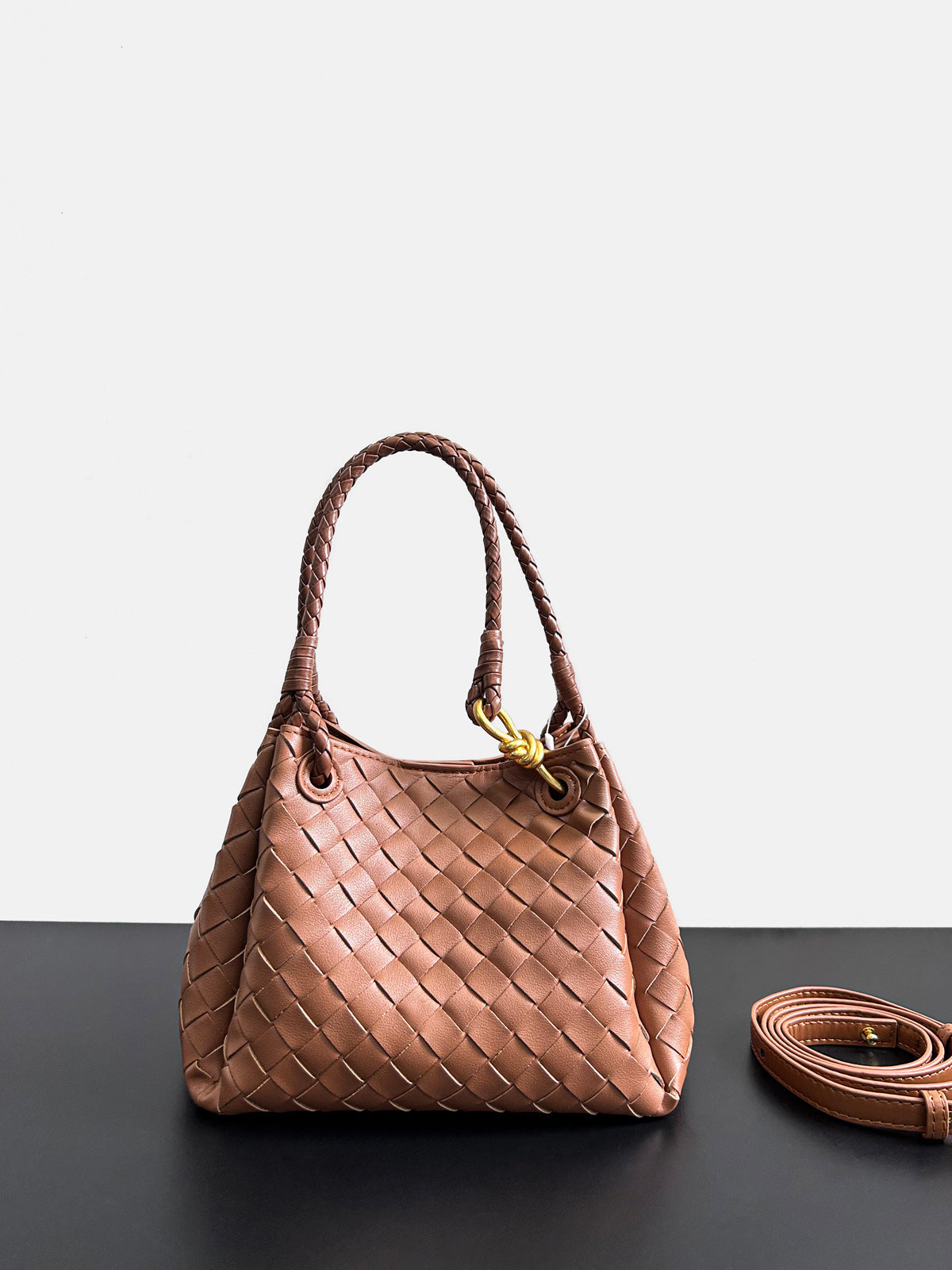 brown leather woven parachute handbag,women,front