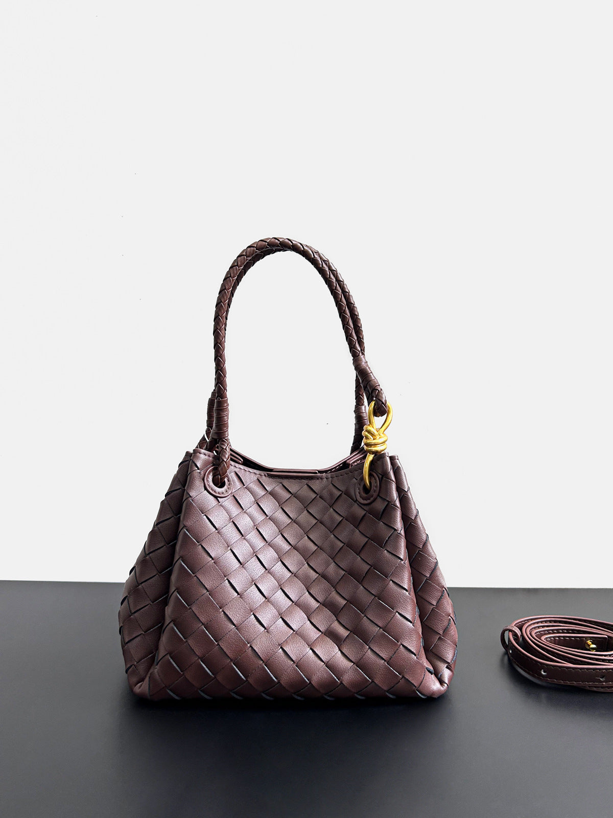 dark brown leather woven parachute handbag,women,front
