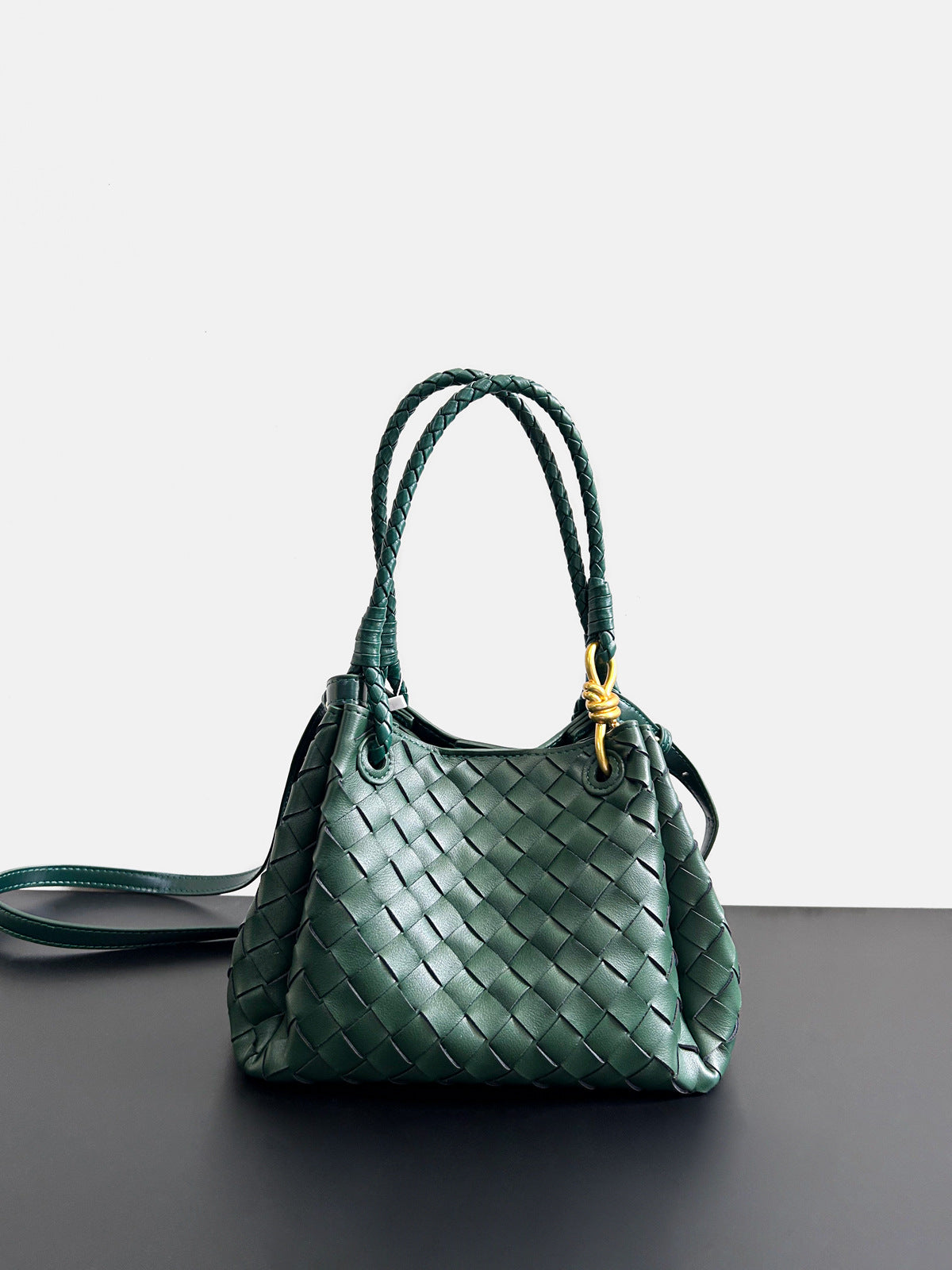 dark green leather woven parachute handbag,women,front