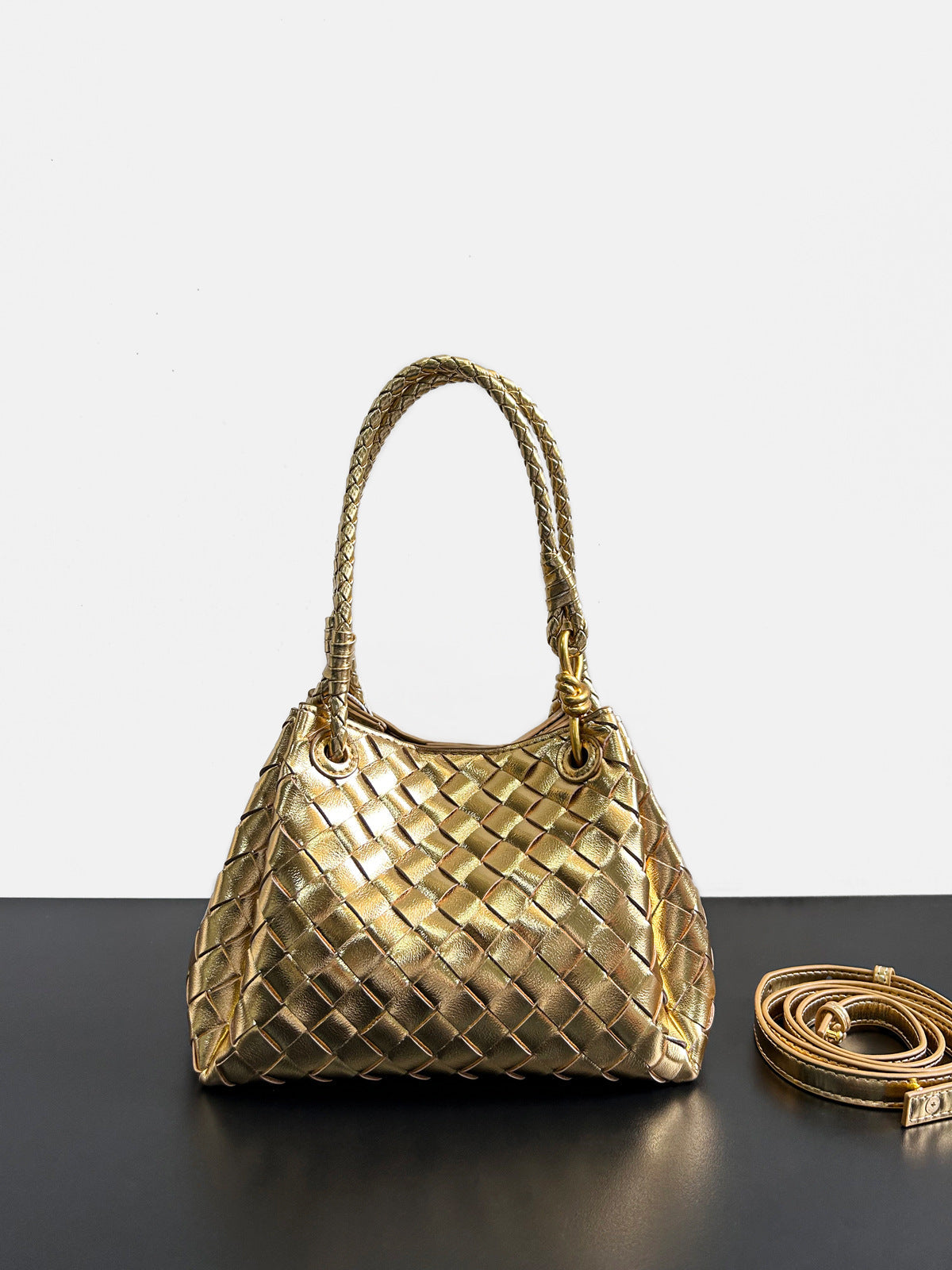 gold leather woven parachute handbag,women,front