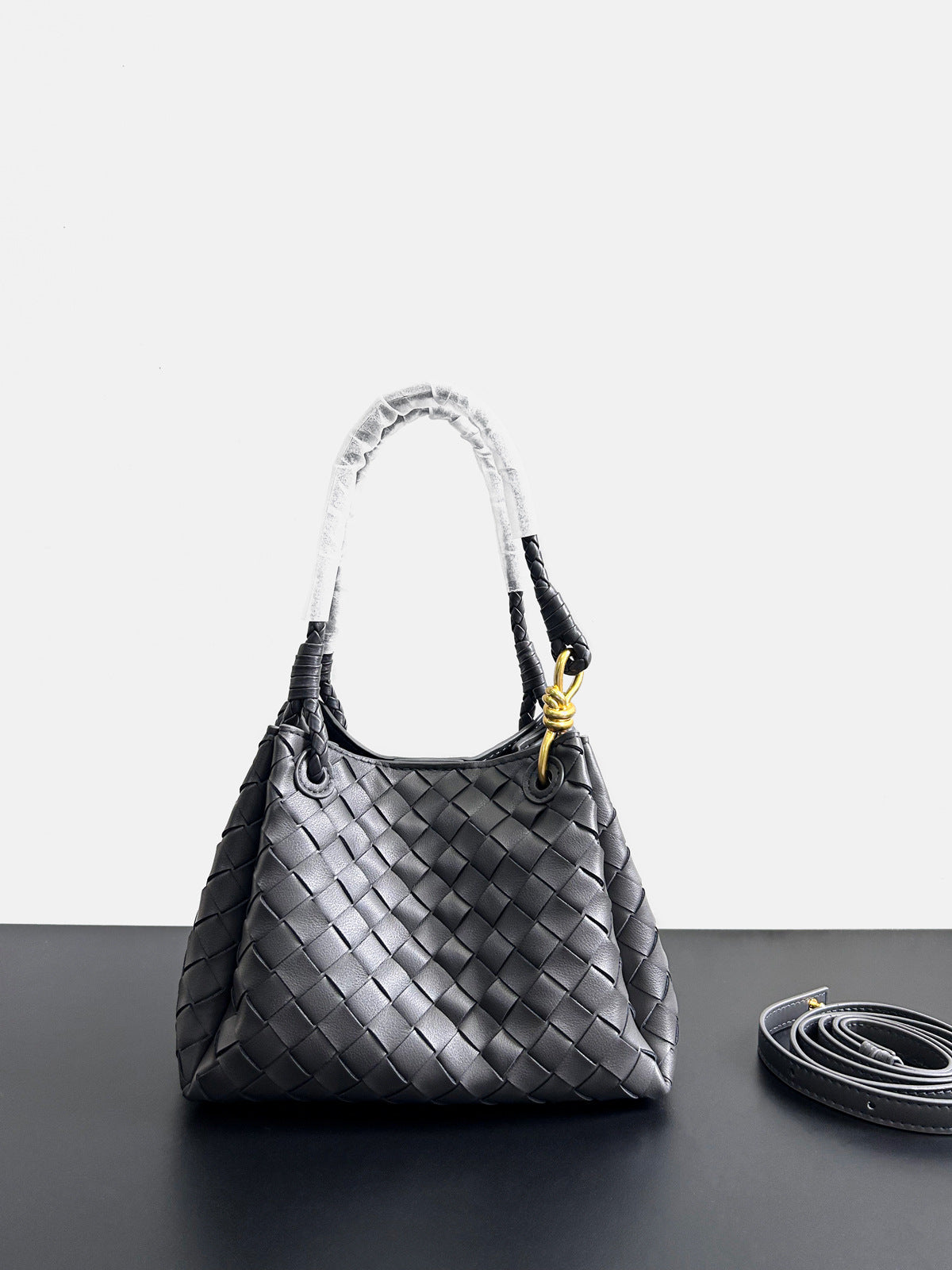 lightning gray leather woven parachute handbag,women,front