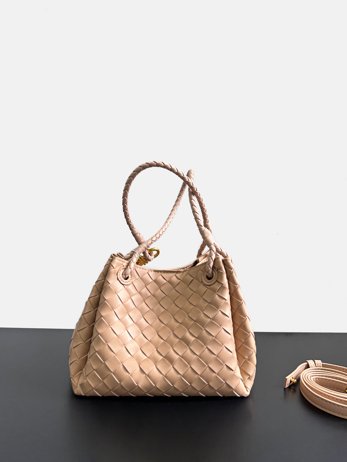 milk tea color leather woven parachute handbag,women,front