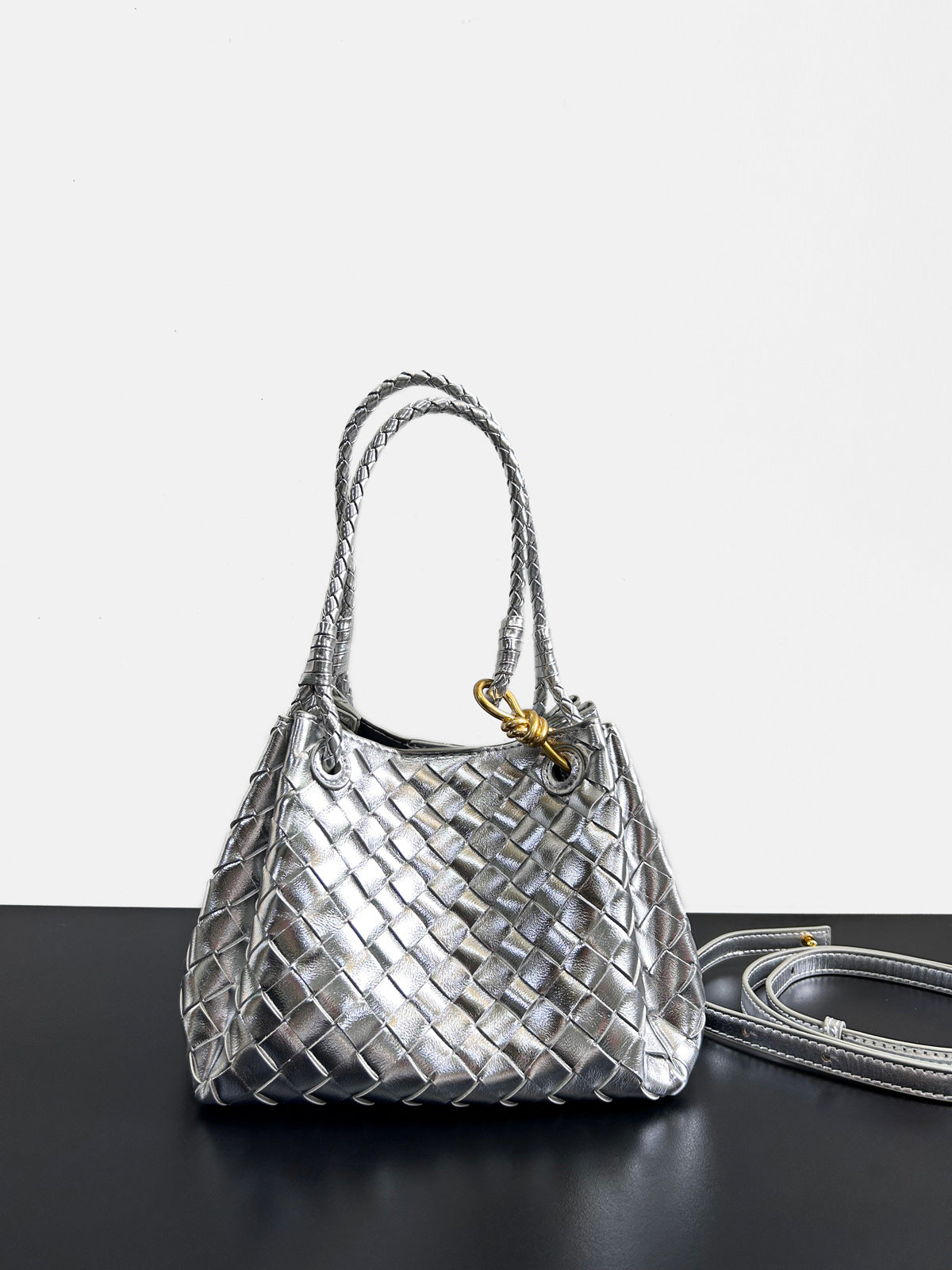 silver leather woven parachute handbag,women,front