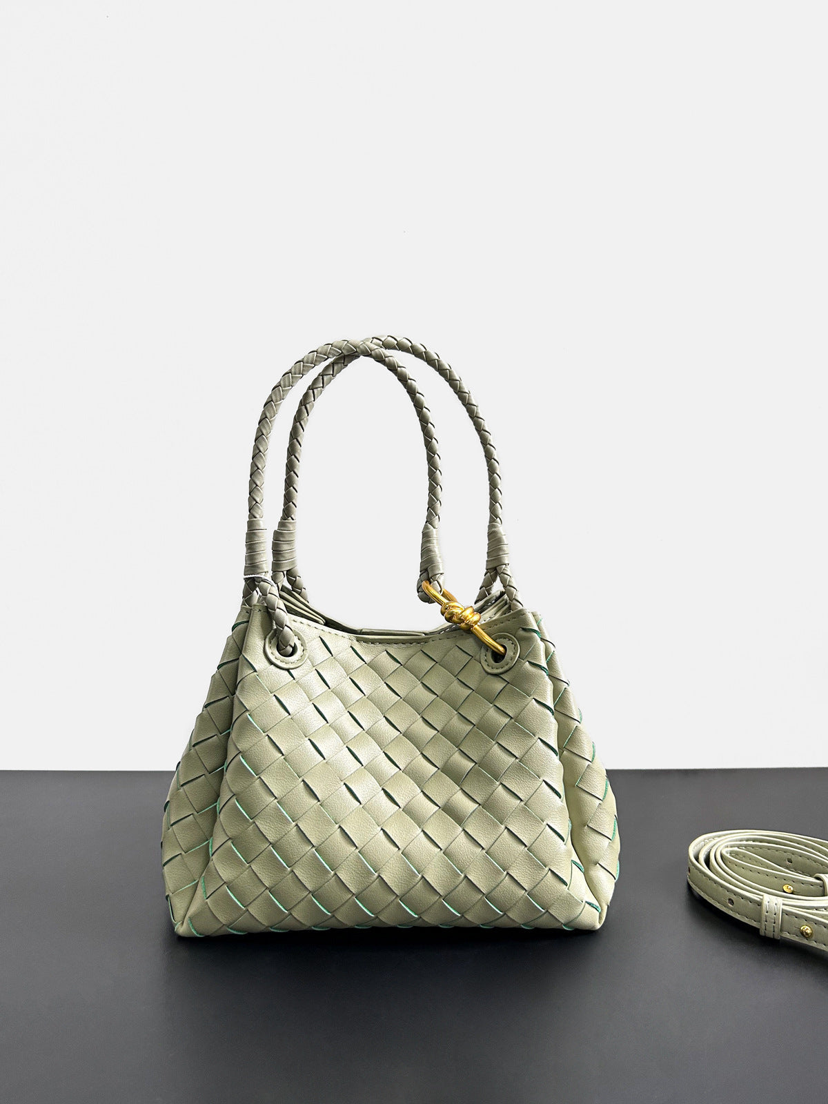 travertine green leather woven parachute handbag,women,front