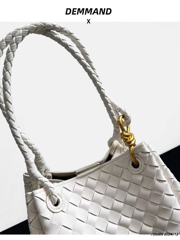 white leather woven parachute handbag,women,detail