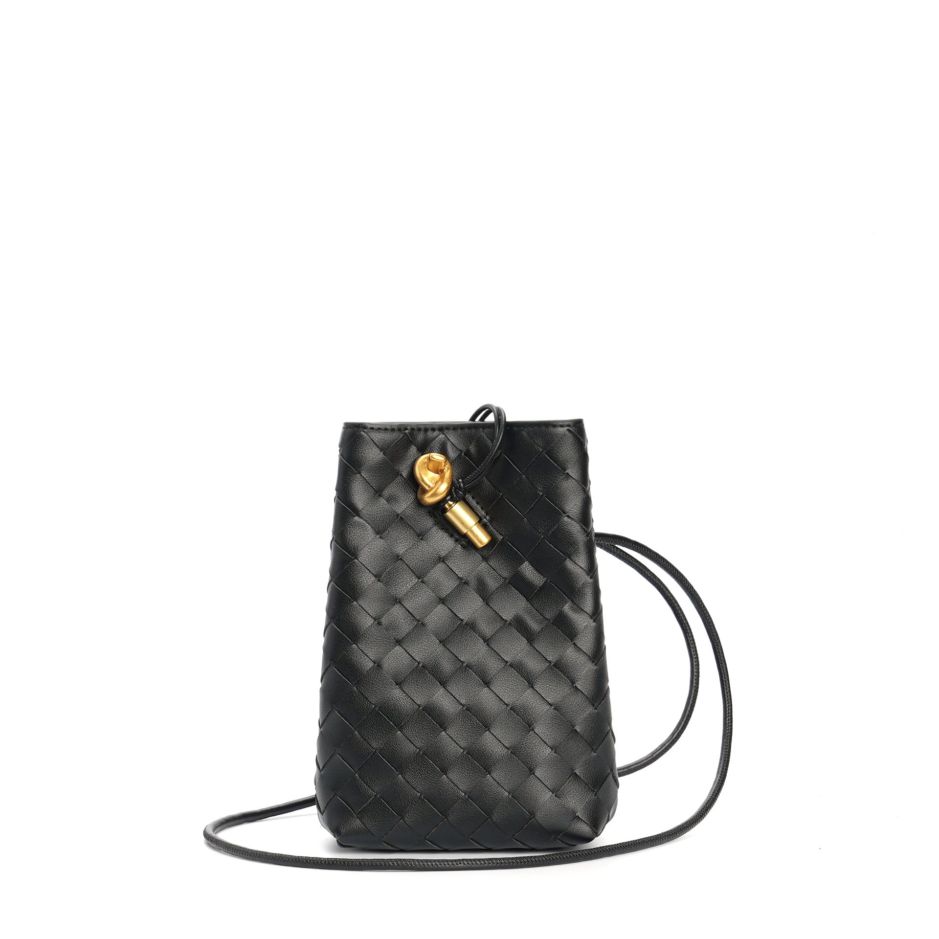 black leather woven phone bag,women,front 02