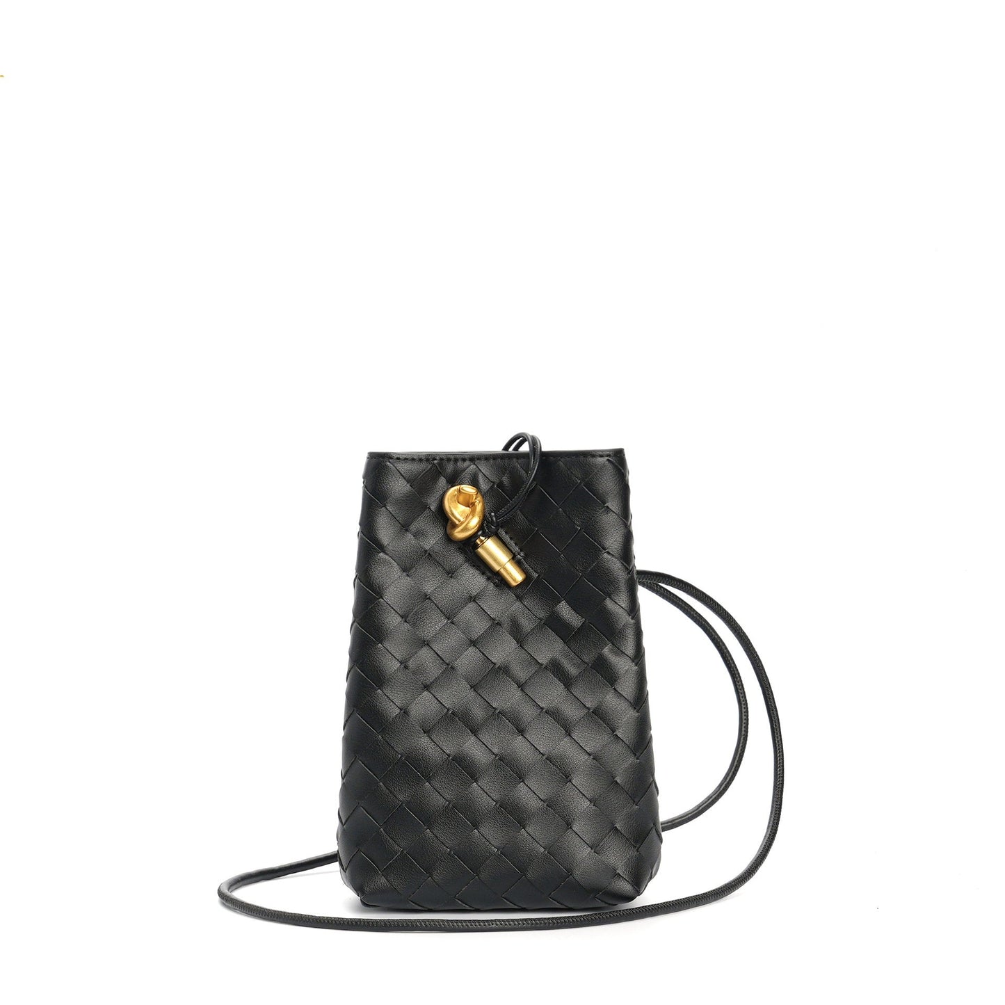 black leather woven phone bag,women,front