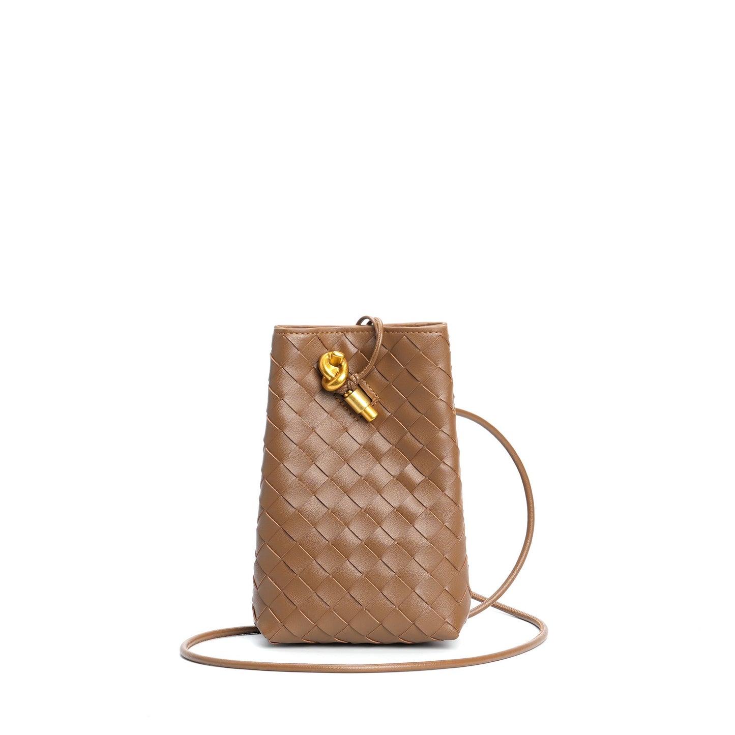 brown leather woven phone bag,women,front