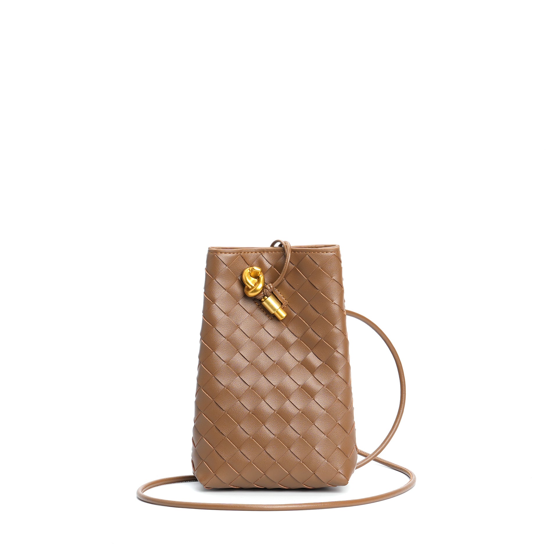 brown leather woven phone bag,women,front