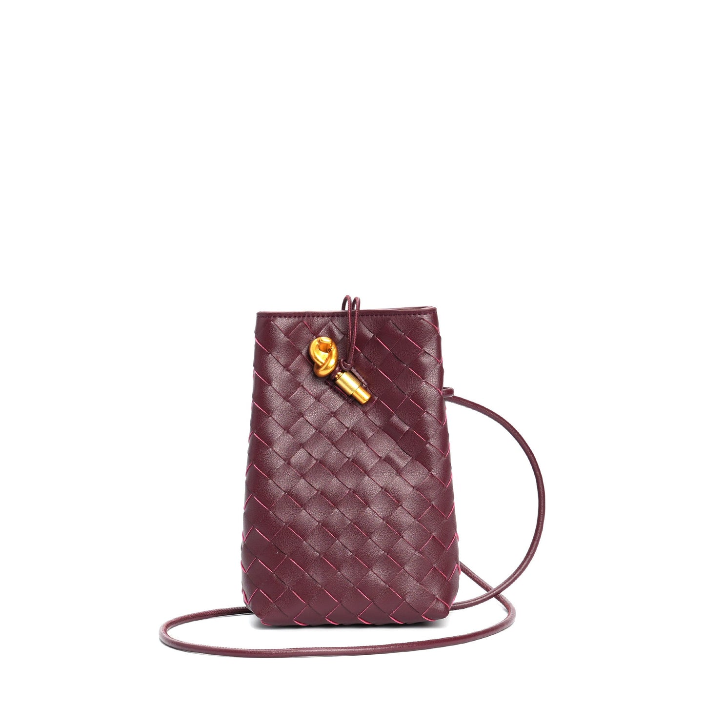 burgundy leather woven phone bag,women,front 02