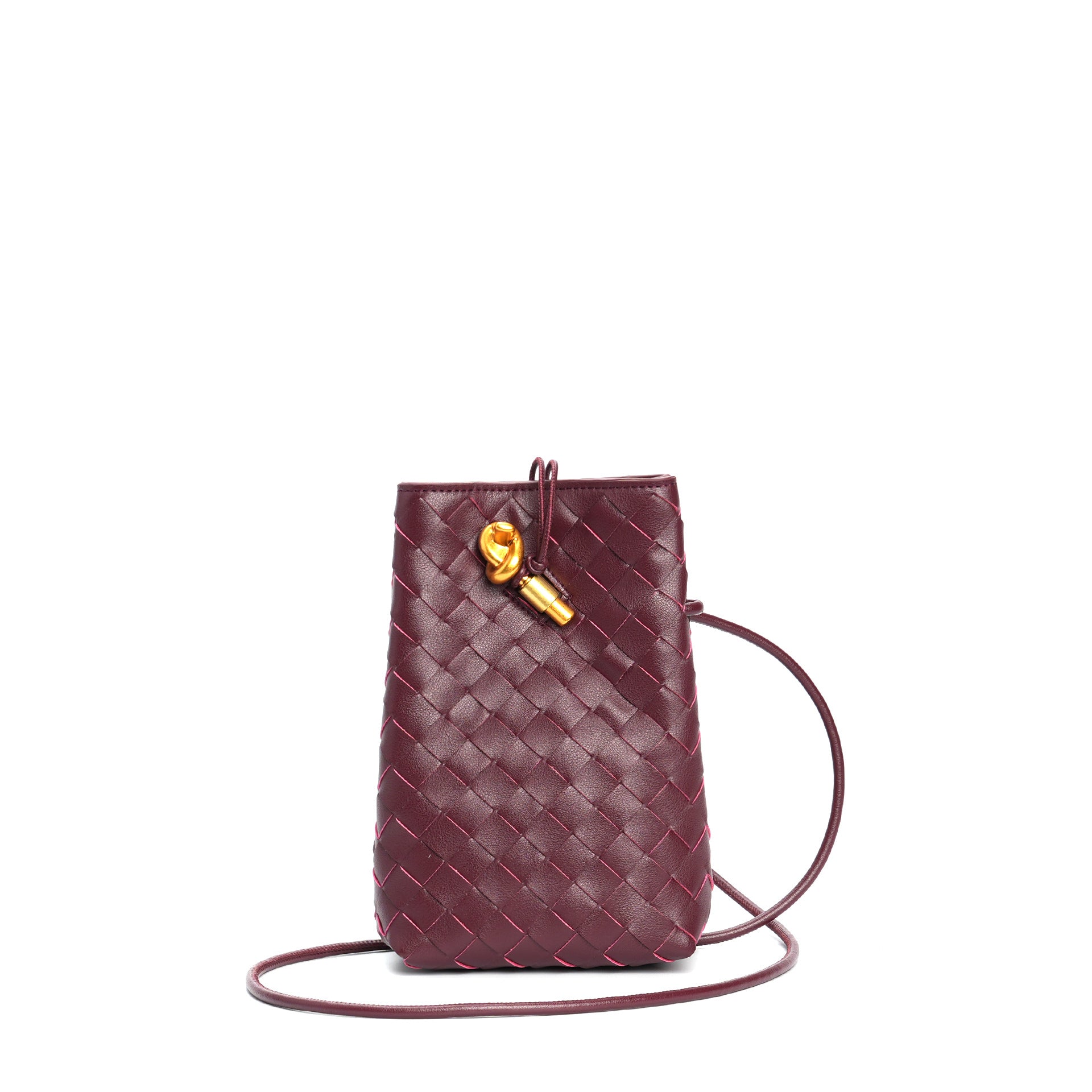 burgundy leather woven phone bag,women,front 02