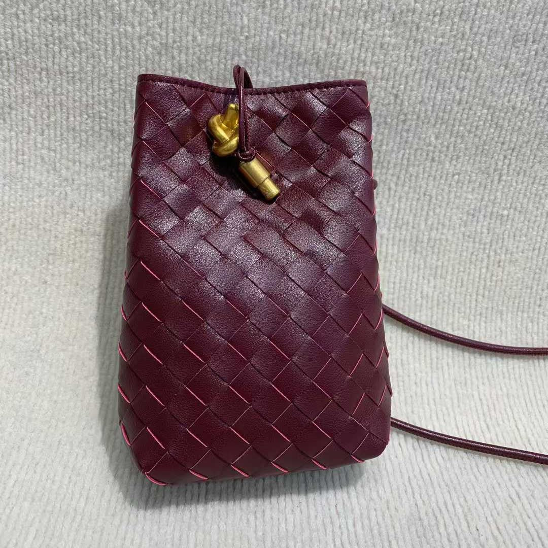 burgundy leather woven phone bag,women,front
