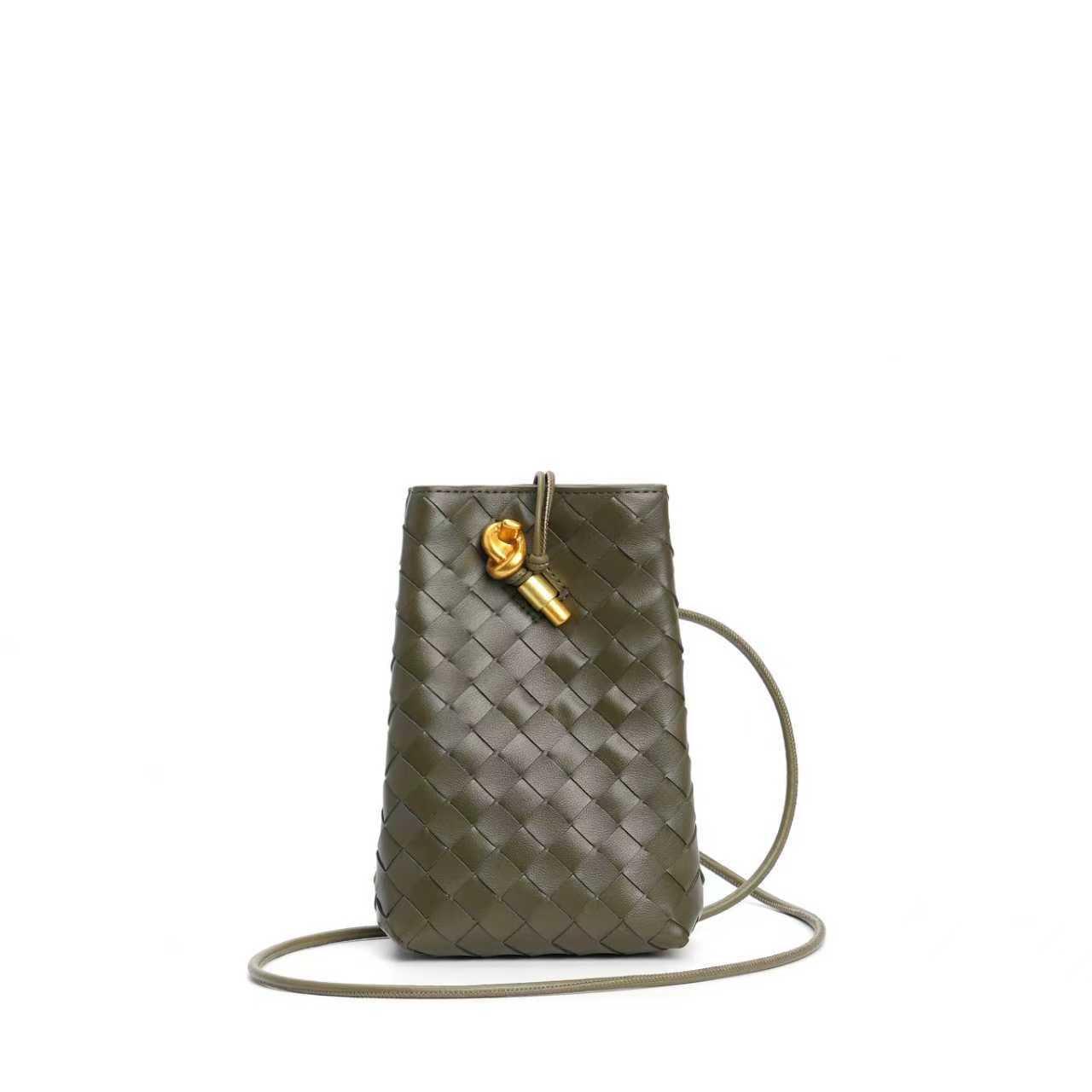 military green leather woven phone bag,women,front