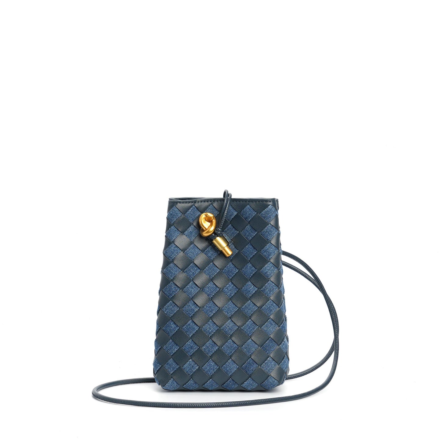navy blue denim leather woven phone bag,women,front