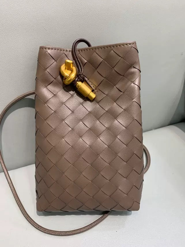 pinecone brown leather woven phone bag,women,front